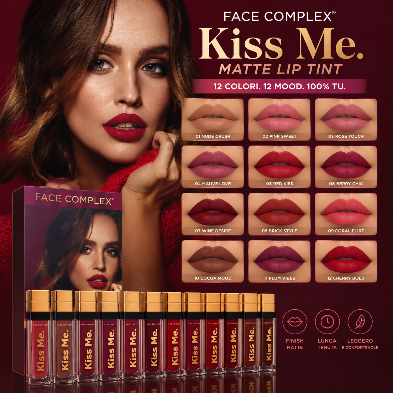 Face Complex Kiss Matte Lip Kit – Set 12 Rossetti Liquidi Matte ad Alta Tenuta