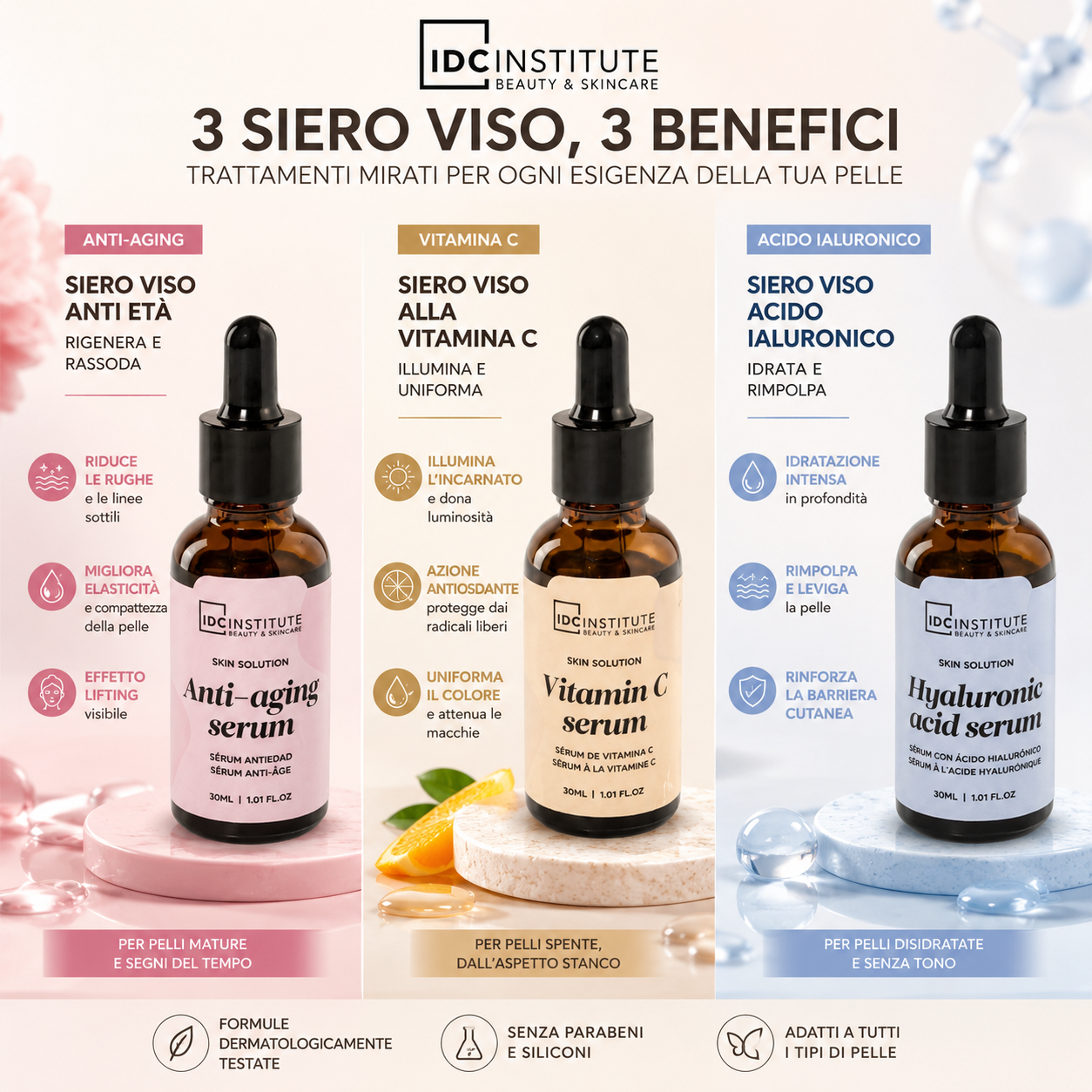 IDC Institute 3 Sieri Viso – Anti Età, Vitamina C e Acido Ialuronico 30ml ✨💧