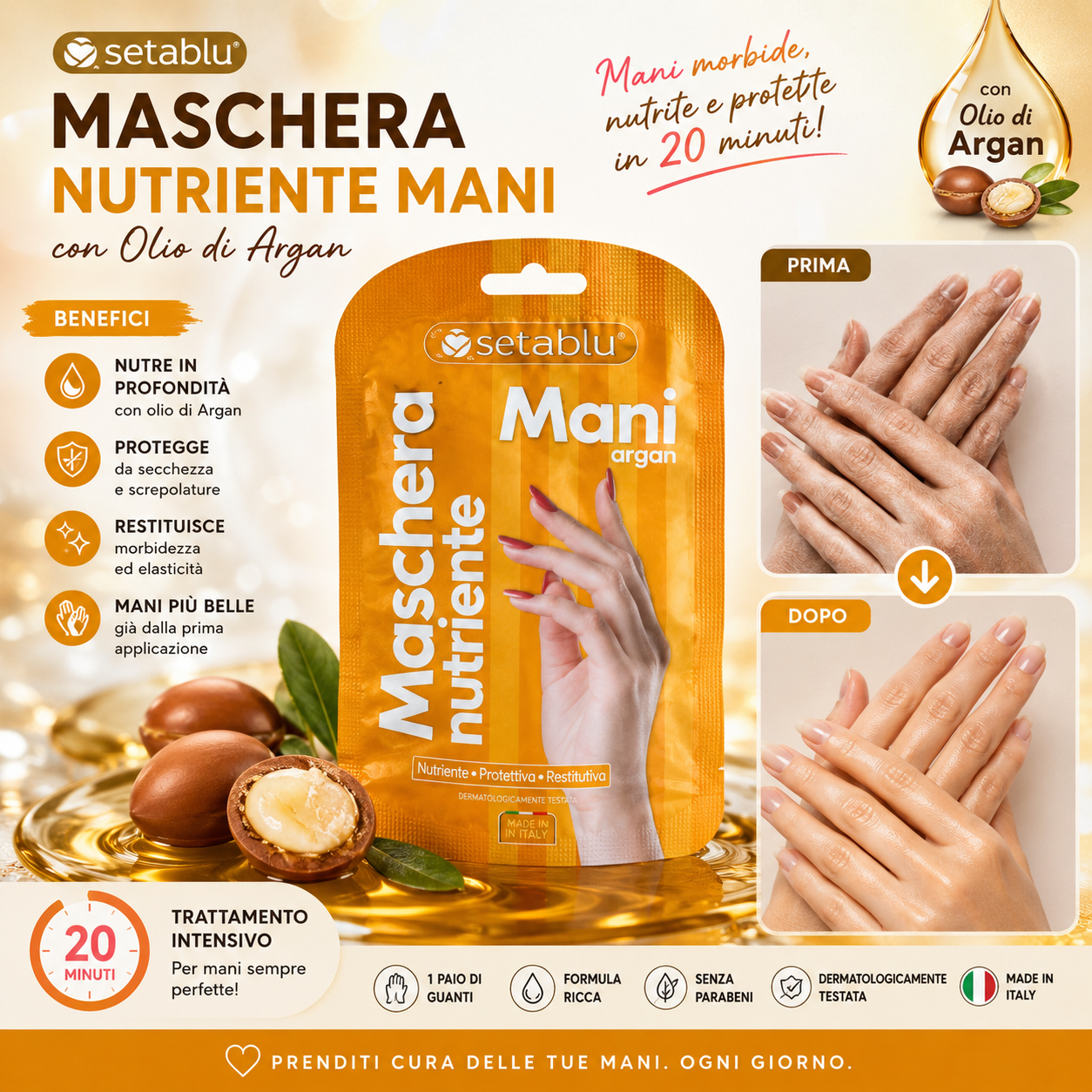 Setablu Maschera Nutriente Mani Olio di Argan 1 Paio – Guanti Idratanti Riparatori