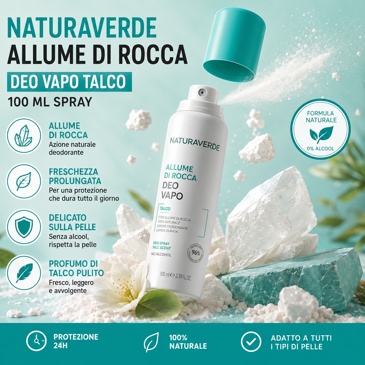 Naturaverde Allume di Rocca Deo Vapo Talco Deodorante Spray Naturale 100 ml