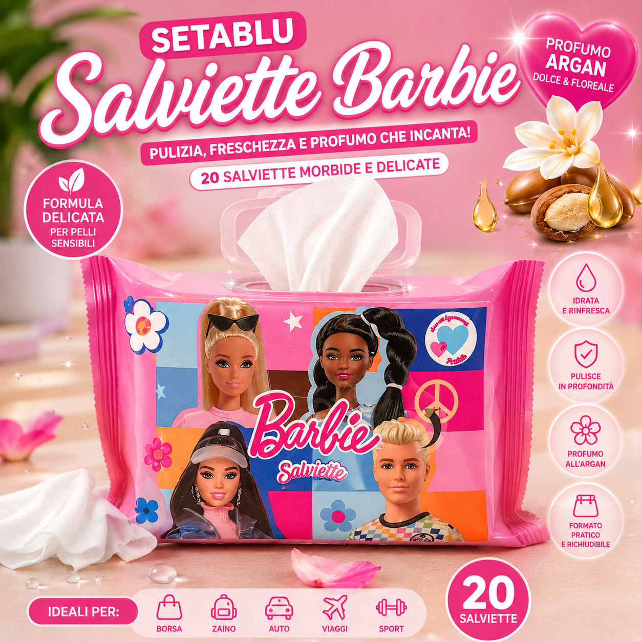 Setablu Salviette Barbie Detergenti Delicate 20 Pezzi