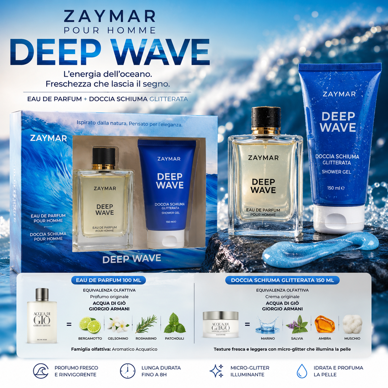 Zaymar Deep Wave Uomo Eau de Parfum 100ml + Doccia Schiuma 150ml | Fragranza Acquatica Ispirata ad Acqua di Giò