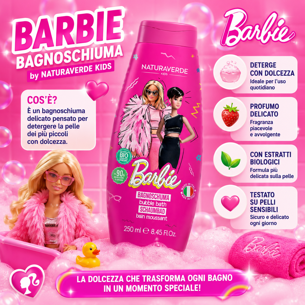 Barbie Bagnoschiuma 250 ml Fragranza Fragola Naturaverde Kids
