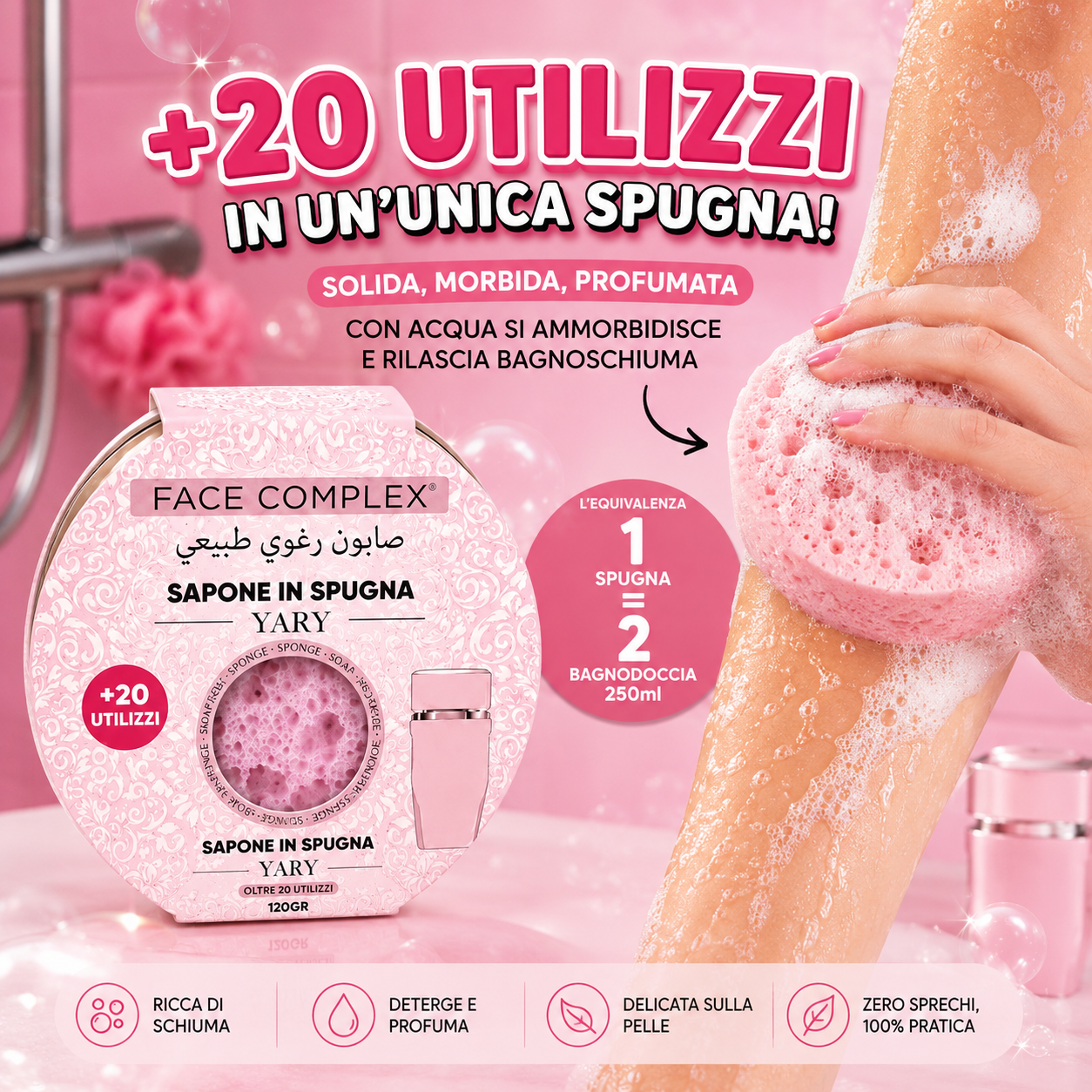 FACE COMPLEX Sapone in Spugna Yary 120gr – Spugna Solida con Bagnoschiuma +20 Utilizzi