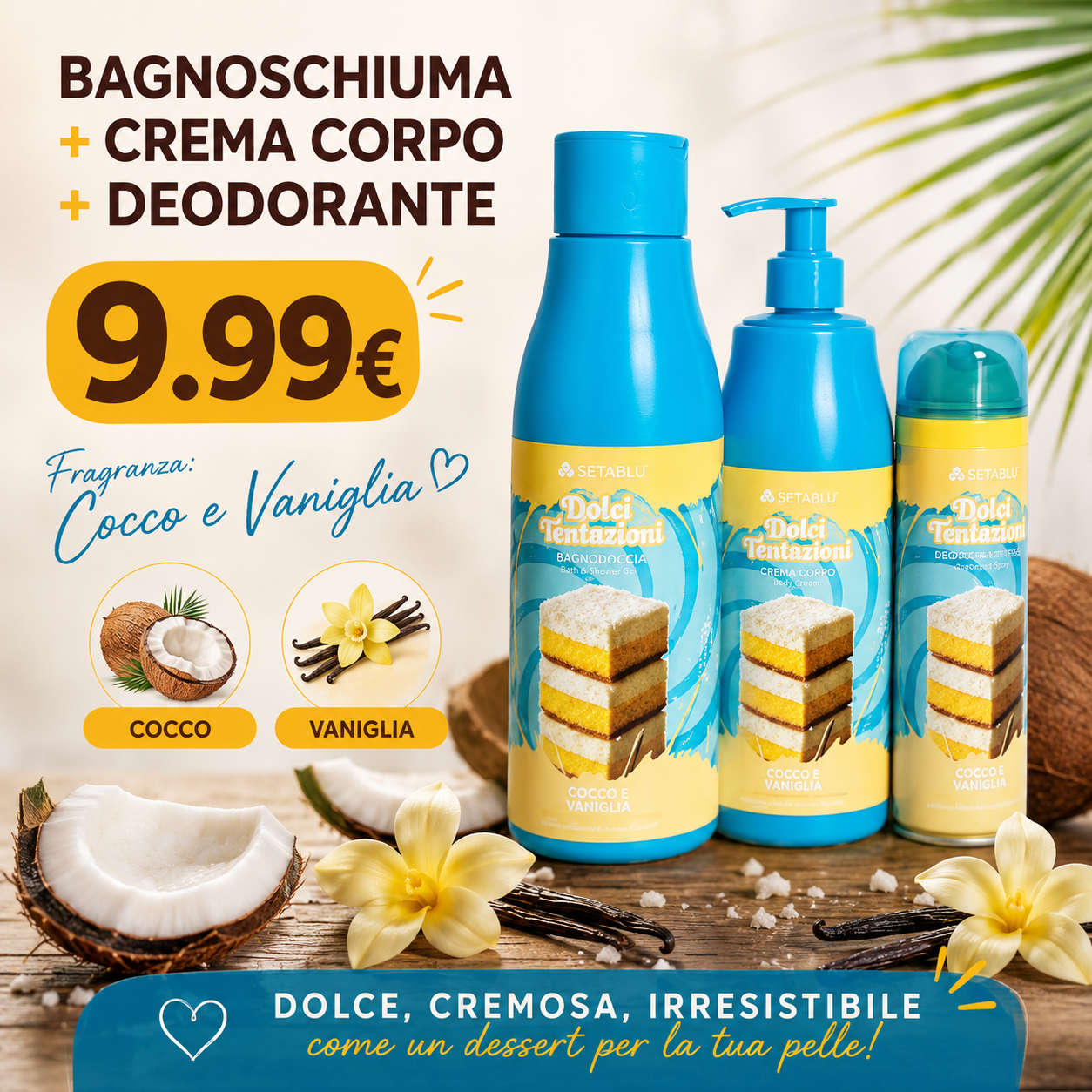 Set Corpo Cocco e Vaniglia 3 Pezzi Bagnoschiuma Crema Corpo Deodorante 250ml + 250ml + 150ml