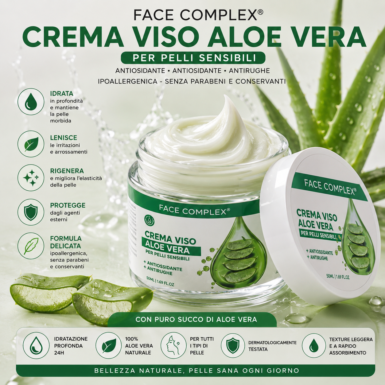 FACE COMPLEX Crema Viso Aloe Vera 50 ml Idratante Lenitiva e Rinfrescante