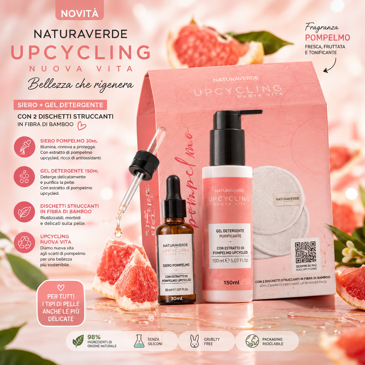 Naturaverde Upcycling Nuova Vita Set Skincare Viso Bellezza che Rigenera con Olio Detergente e Siero