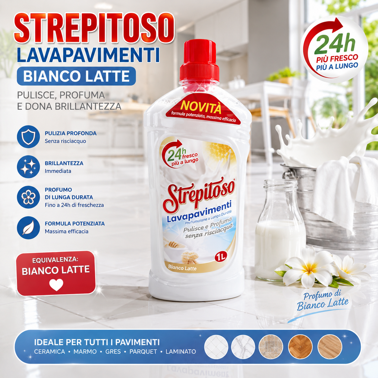 Strepitoso Lavapavimenti Bianco Latte 1L – Profumo White Milk Super Persistente