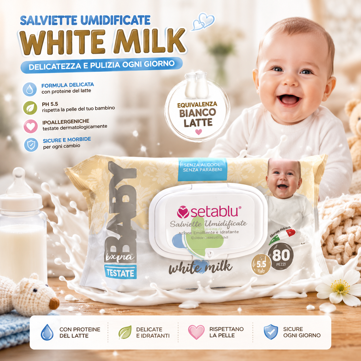 Setablu Salviette White Milk 80pz – Salviette Umidificate Profumo Bianco Latte