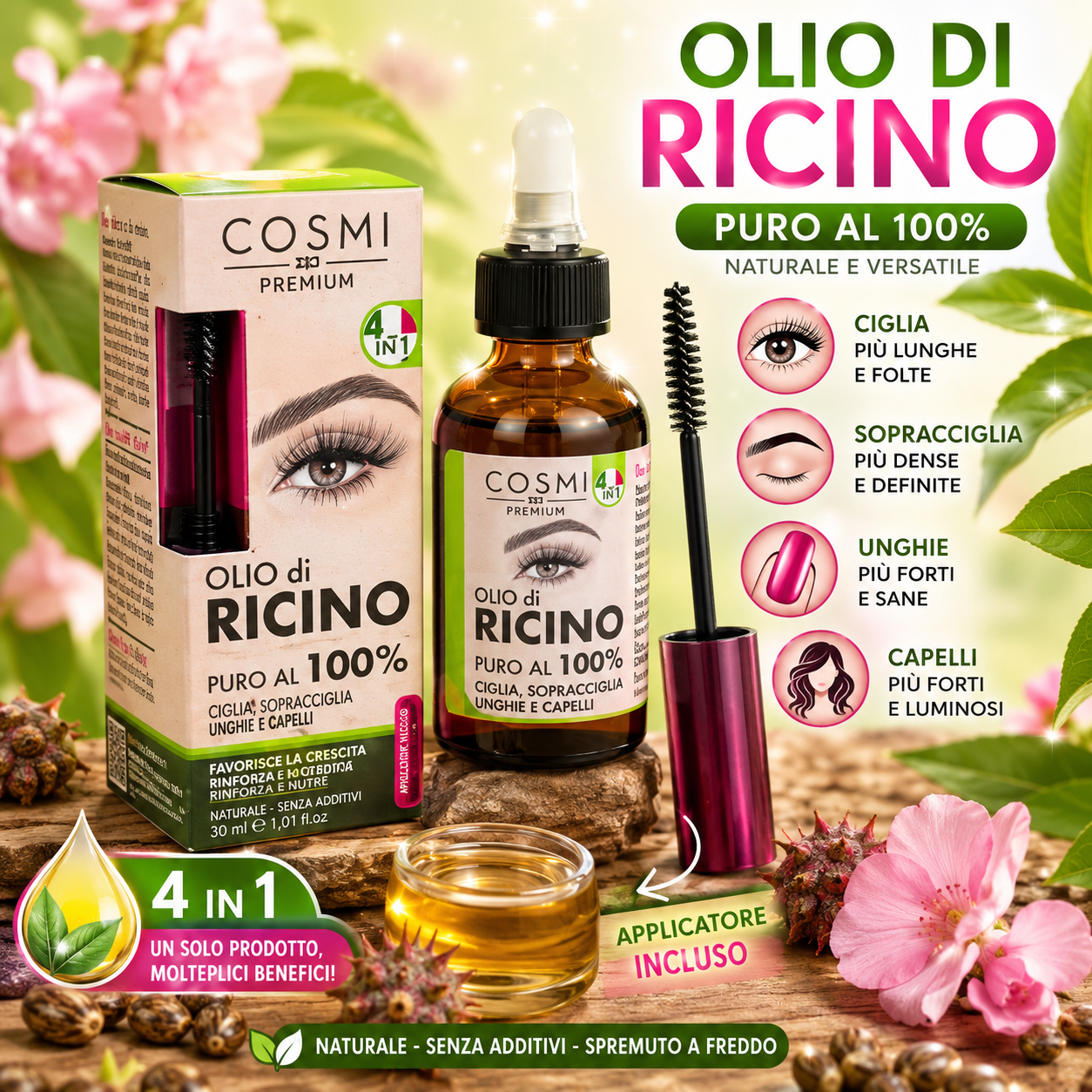 COSMI Premium Olio di Ricino Puro 100% 30 ml – Ciglia, Sopracciglia, Unghie e Capelli con Applicatore