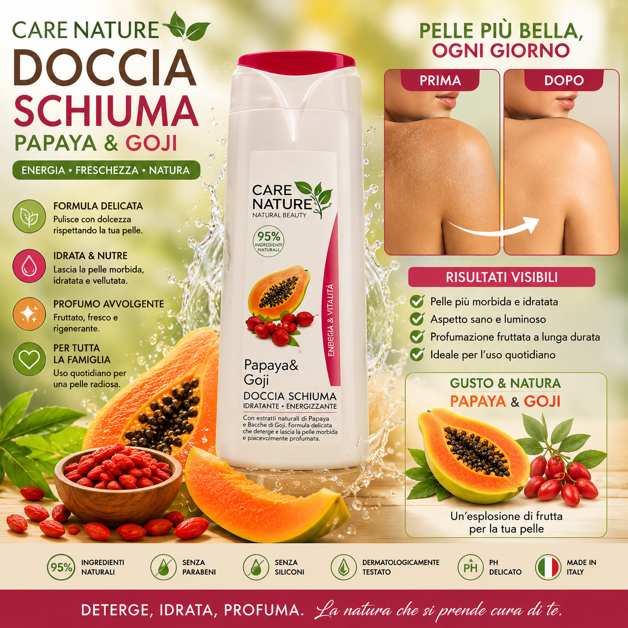 Care Nature Doccia Schiuma Papaya & Goji 500ml – Bagnodoccia Idratante Energizzante