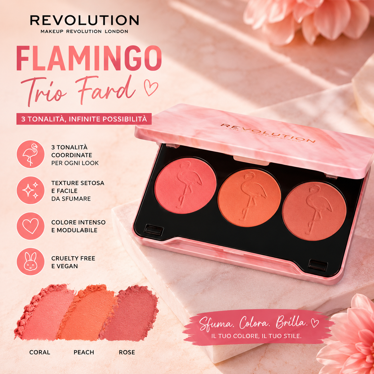 Palette Fard Revolution Flamingo Trio – Blush Coral Peach Rose | Makeup Revolution London