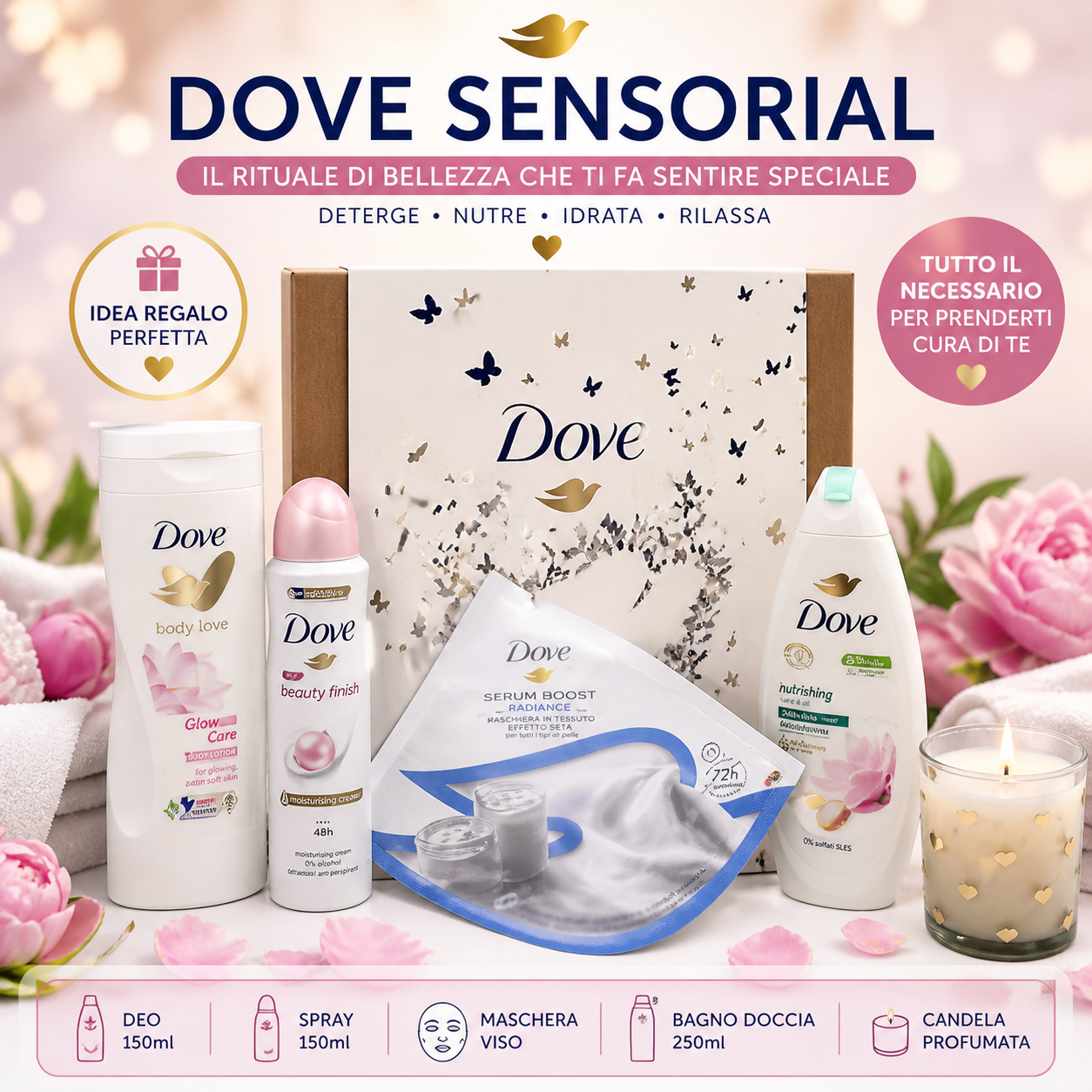 Dove Sensorial Beauty Set Regalo – Kit Corpo Completo con Crema, Deo e Doccia