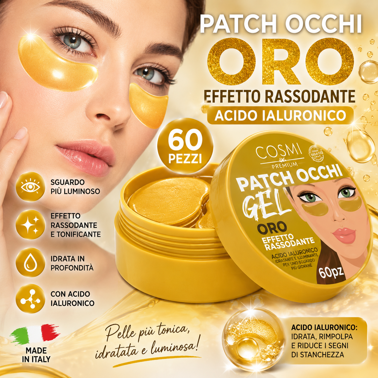 COSMI Premium Patch Occhi Gel Oro 60 Pezzi – Acido Ialuronico Effetto Rassodante e Idratante