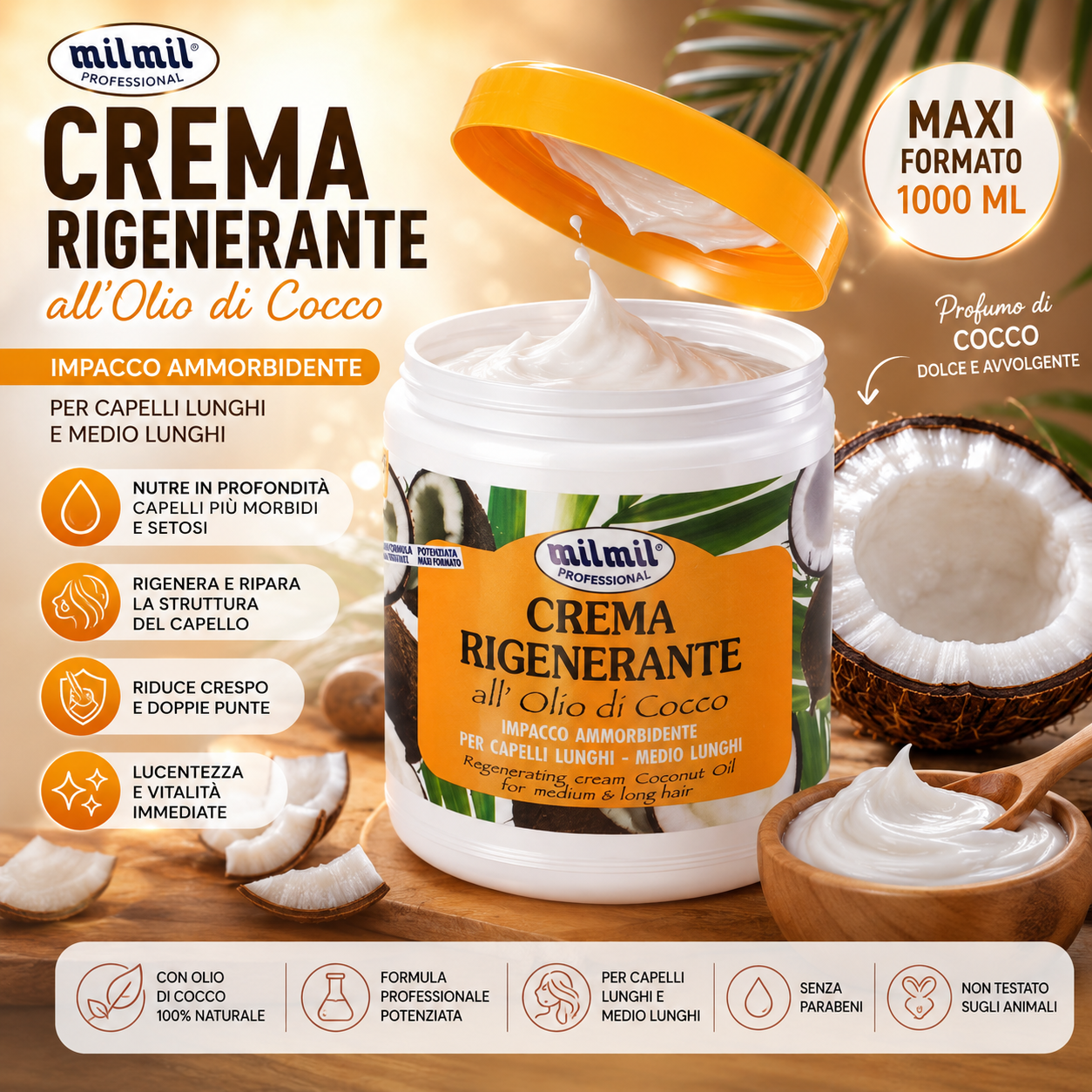 Crema Rigenerante Aloe Vera e Cocco Trattamento Capelli Idratante Nutriente 500 ml