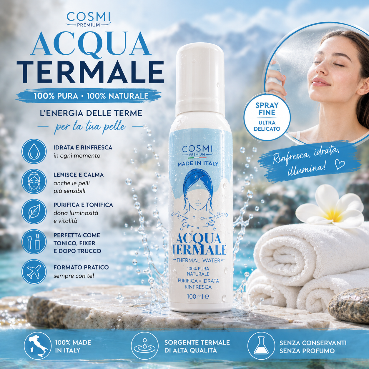 Acqua Termale Spray Viso e Corpo Cosmi Idratante e Lenitiva
100ml