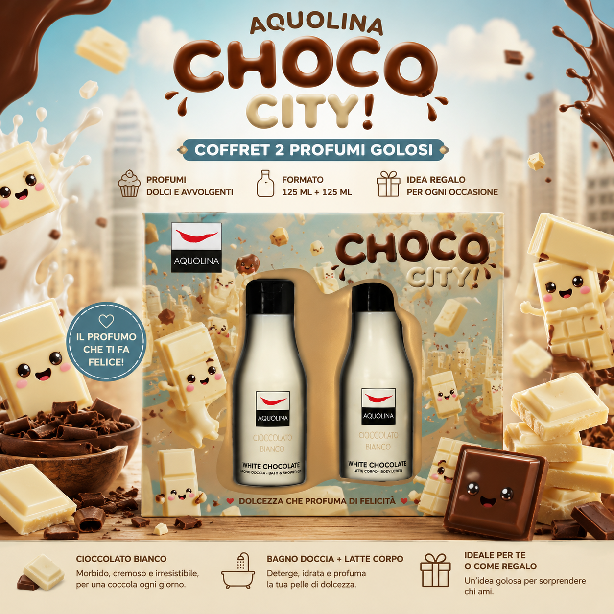 CHOCO WHITE AQUOLINA CREMA CORPO E BAGNODOCCIA CIOCCOLATO BIANCO