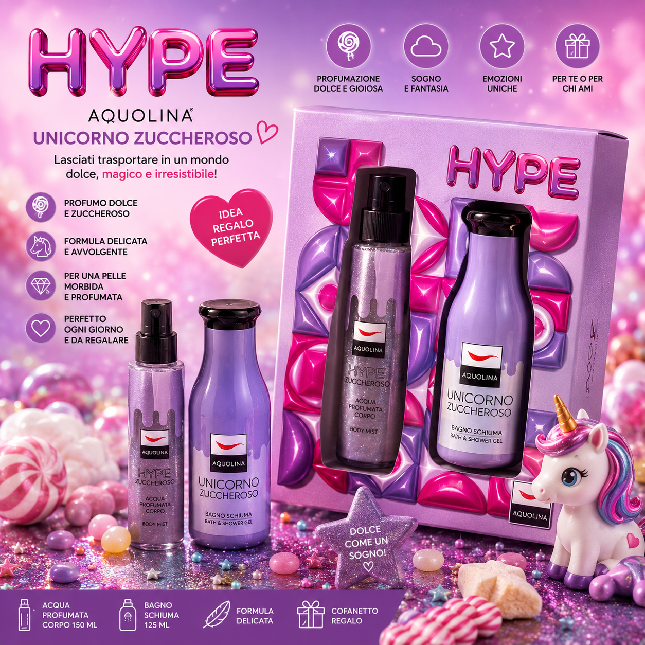 Hype Aquolina Set Profumato Unicorno Zuccheroso profumo 150 ml shower gel 125 ml