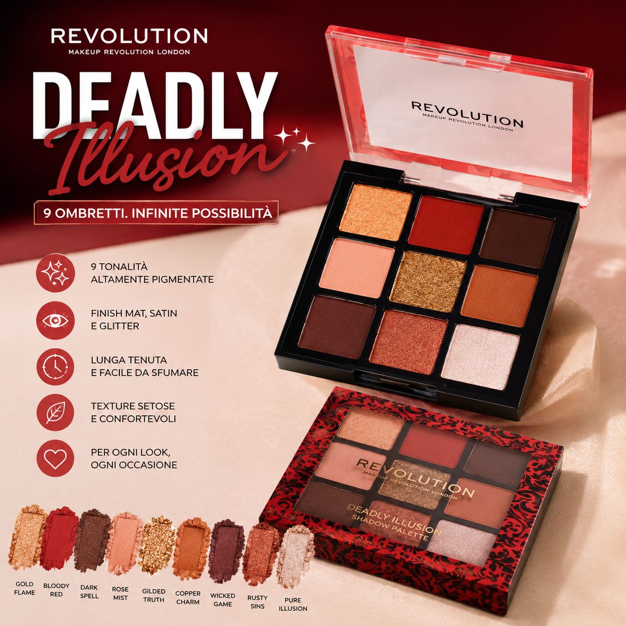 Palette Ombretti Revolution Deadly Illusion – 9 Colori Super Pigmentati Glitter e Matte