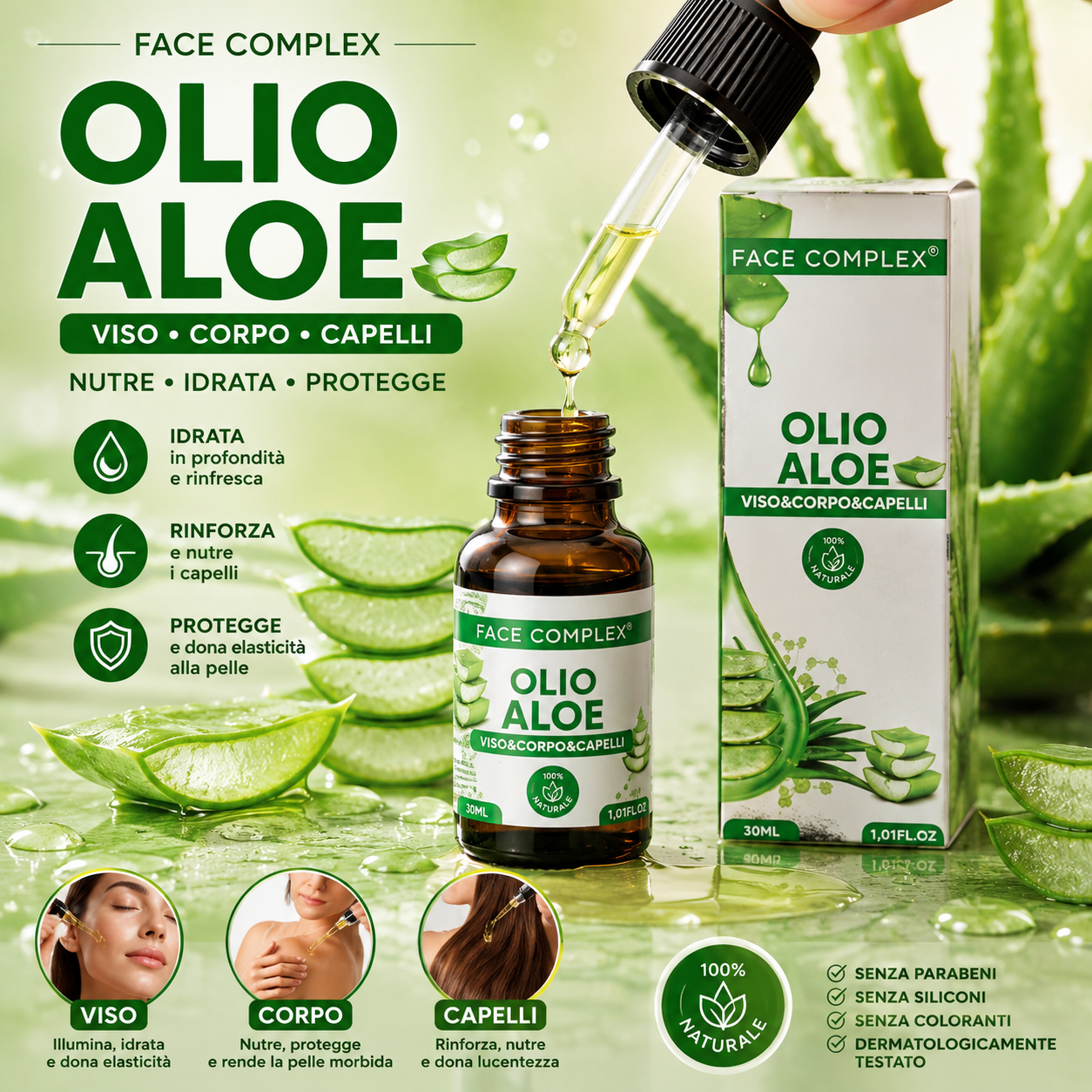 FACE COMPLEX Olio Aloe Vera 30 ml Idratante e Lenitivo per Viso Corpo e Capelli