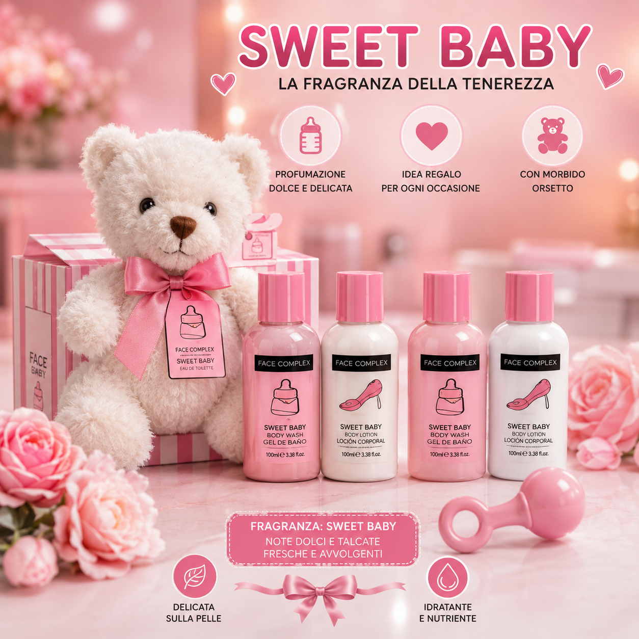 Face Complex Sweet Baby Set Corpo – Lozione Corpo + Shower Gel + Body Mist Profumati + orsetto