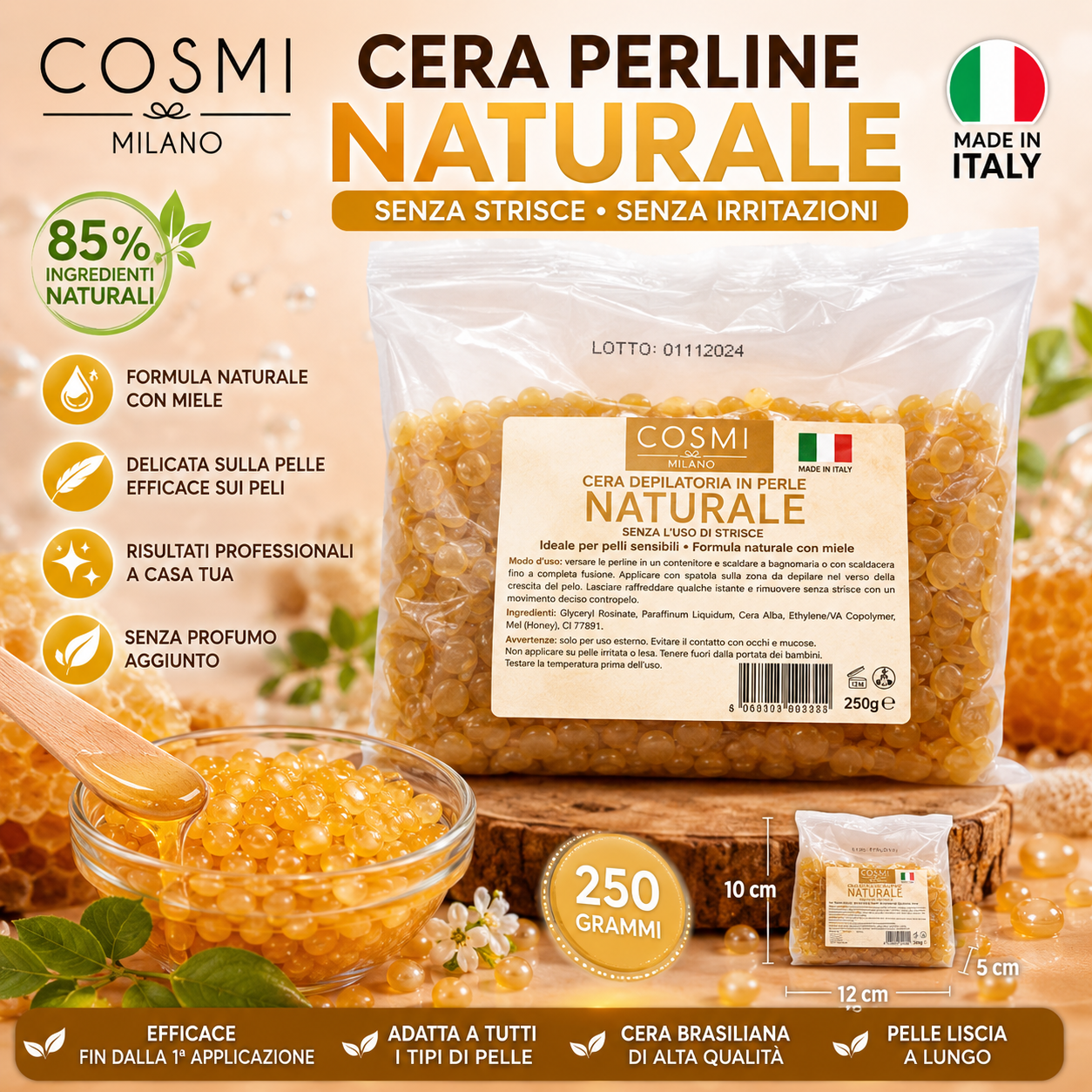 COSMI Milano Cera Depilatoria Perline Naturale 250 g – Cera Brasiliana Senza Strisce Made in Italy