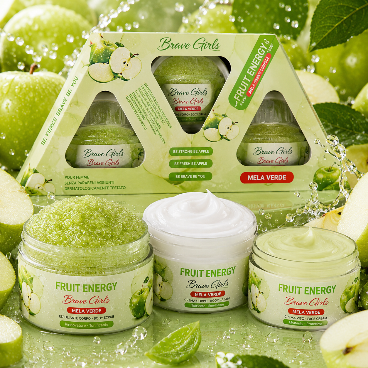 Brave Girls Fruit Energy Mela Verde 🍏 Kit Corpo Esfoliante e Idratante | Scrub corpo + Crema corpo + crema viso