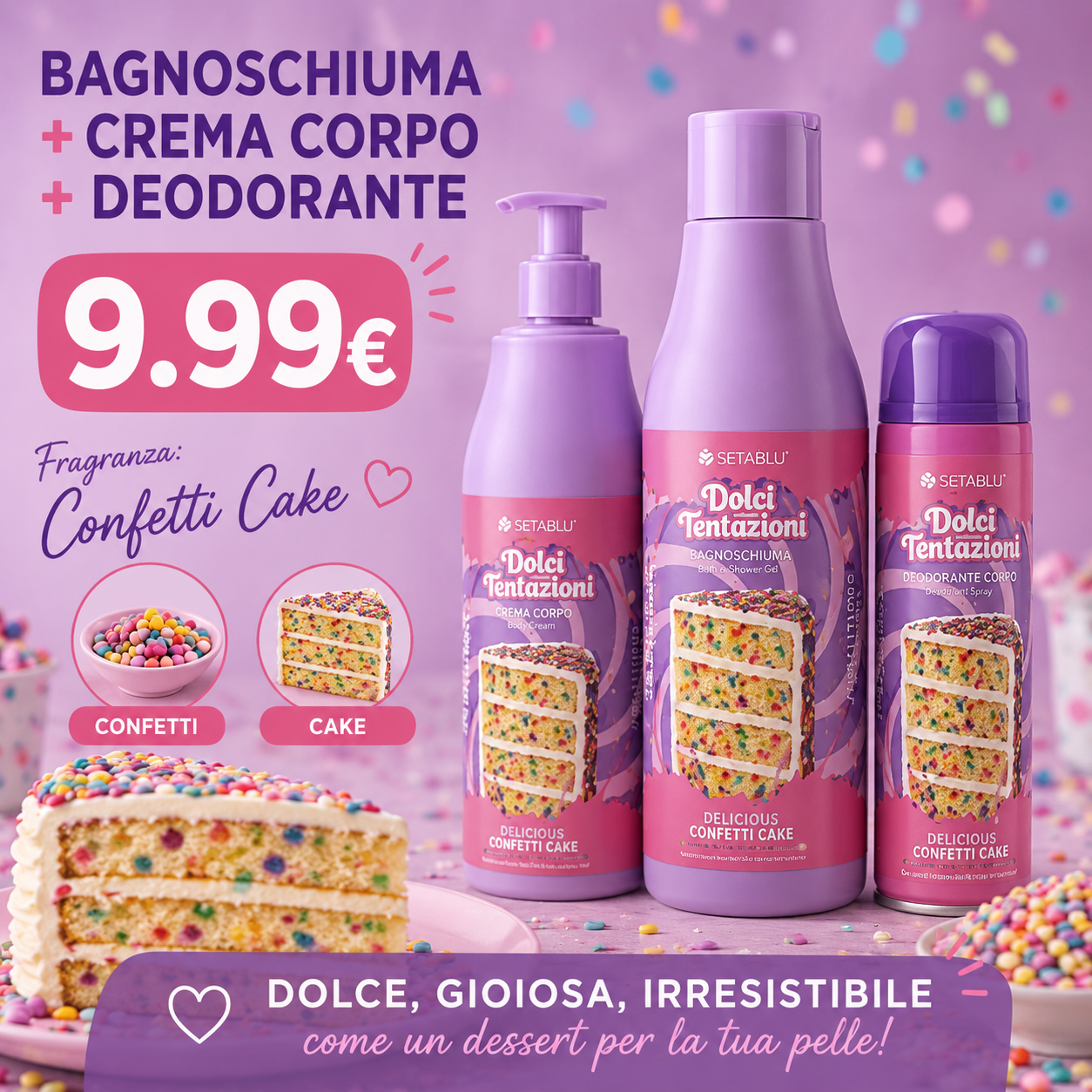 Set Corpo Confetti Cake 3 Pezzi Bagnoschiuma Crema Corpo Deodorante 250ml + 250ml + 150ml