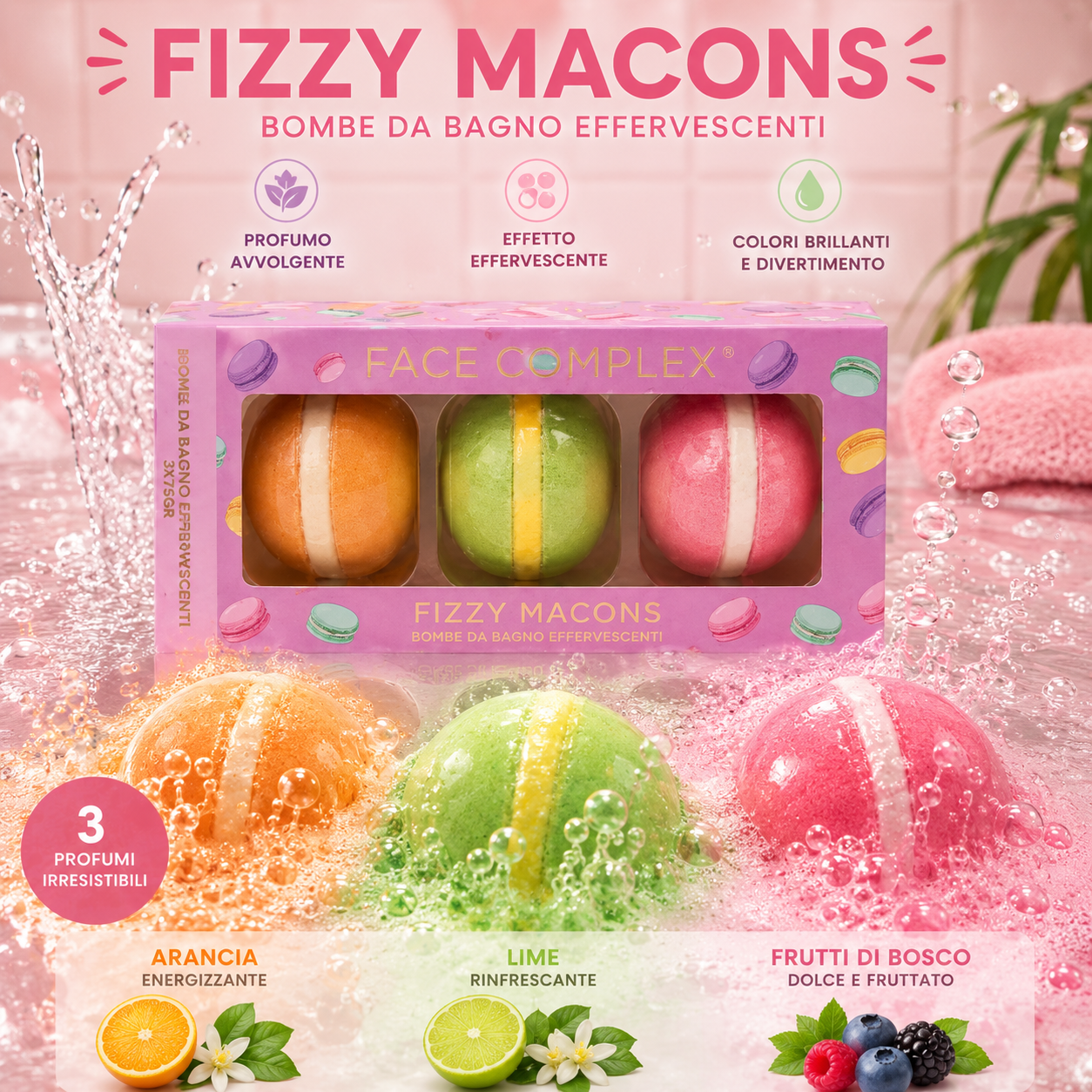 FACE COMPLEX Fizzy Macons Set 3 Bombe da Bagno Effervescenti 225 g Profumi Fruttati