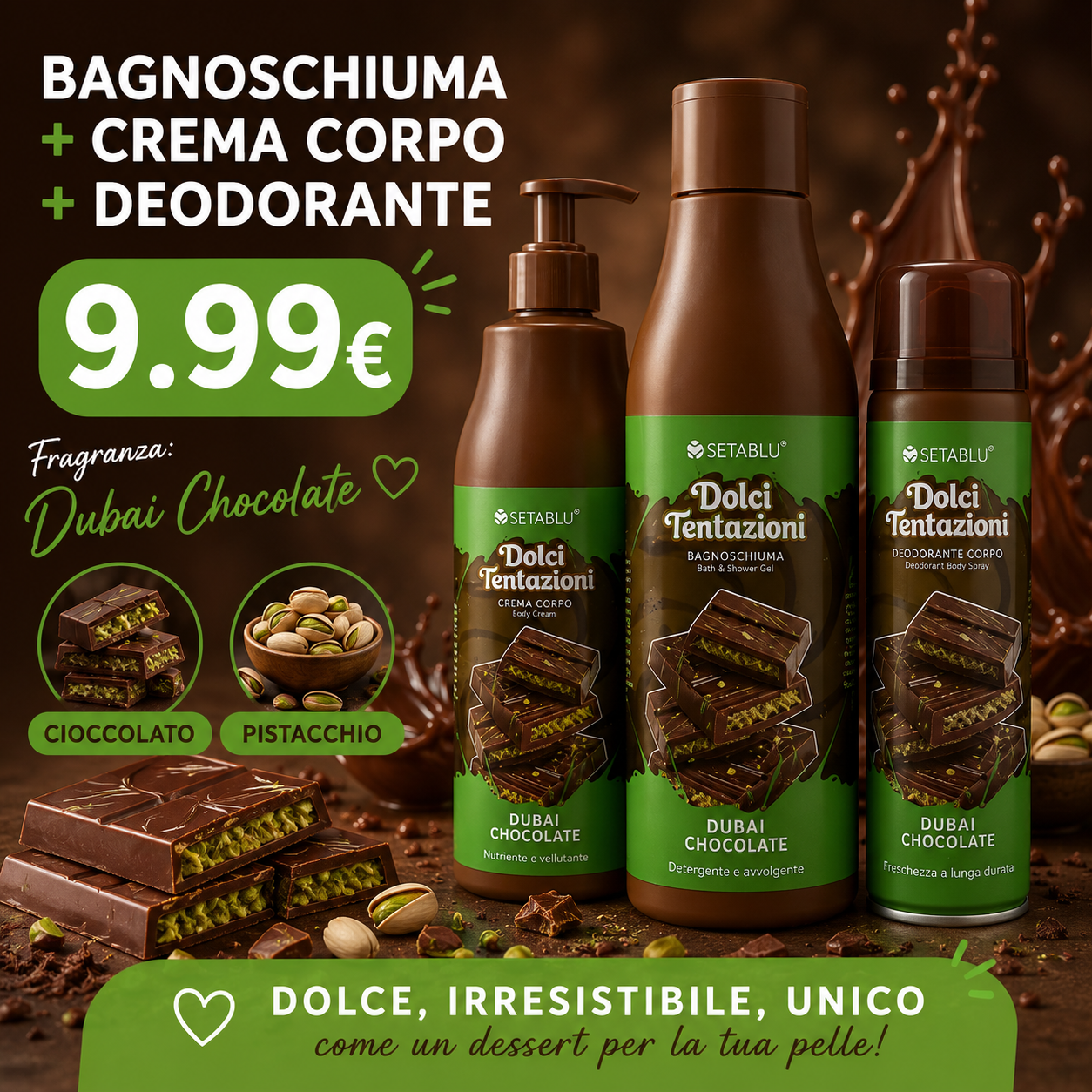 Set Corpo Dubai Chocolate 3 Pezzi Bagnoschiuma Crema Corpo Deodorante 250ml + 250ml + 150ml