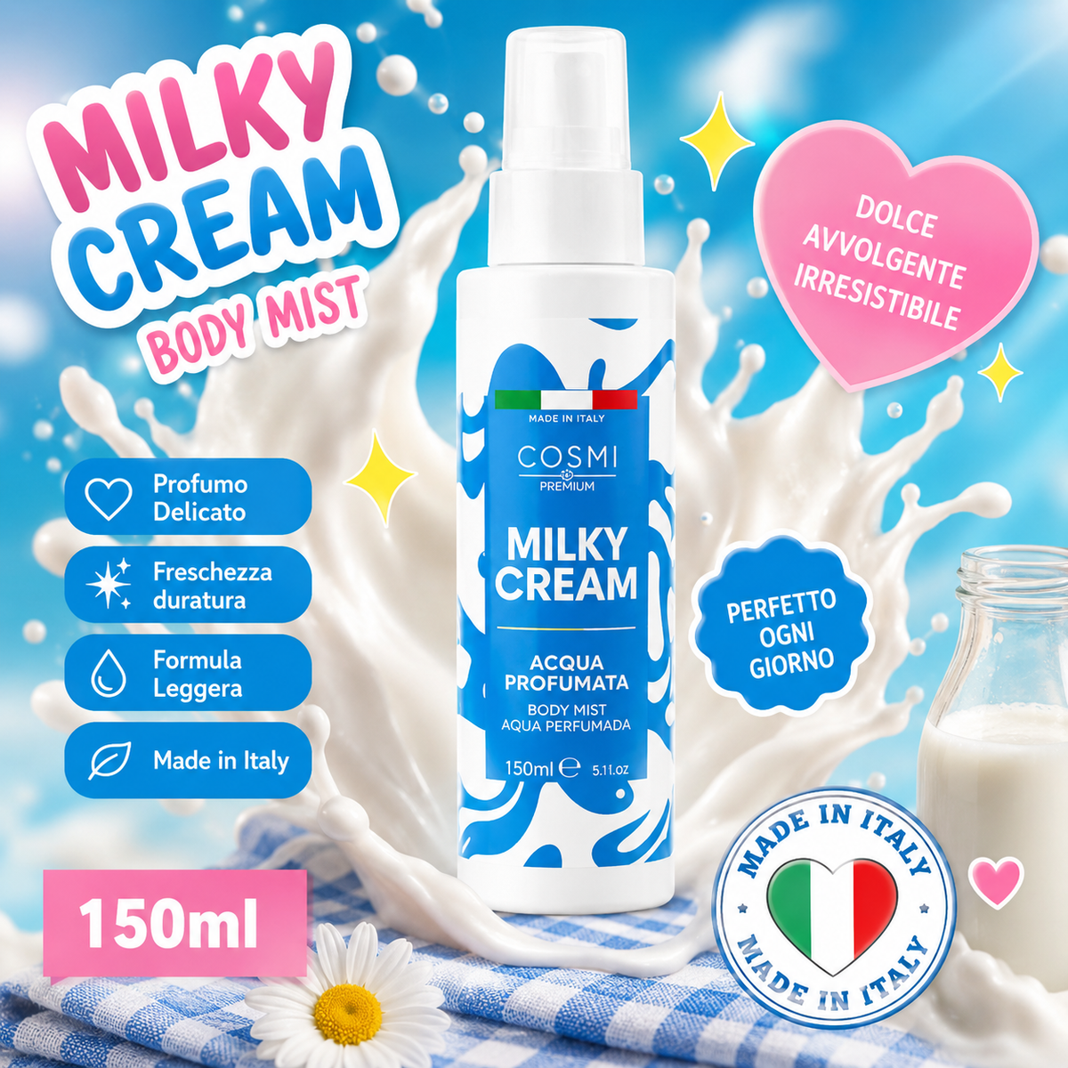 COSMI Premium Acqua Profumata Corpo Milky Cream Body Mist 150 ml – Spray Donna Made in Italy