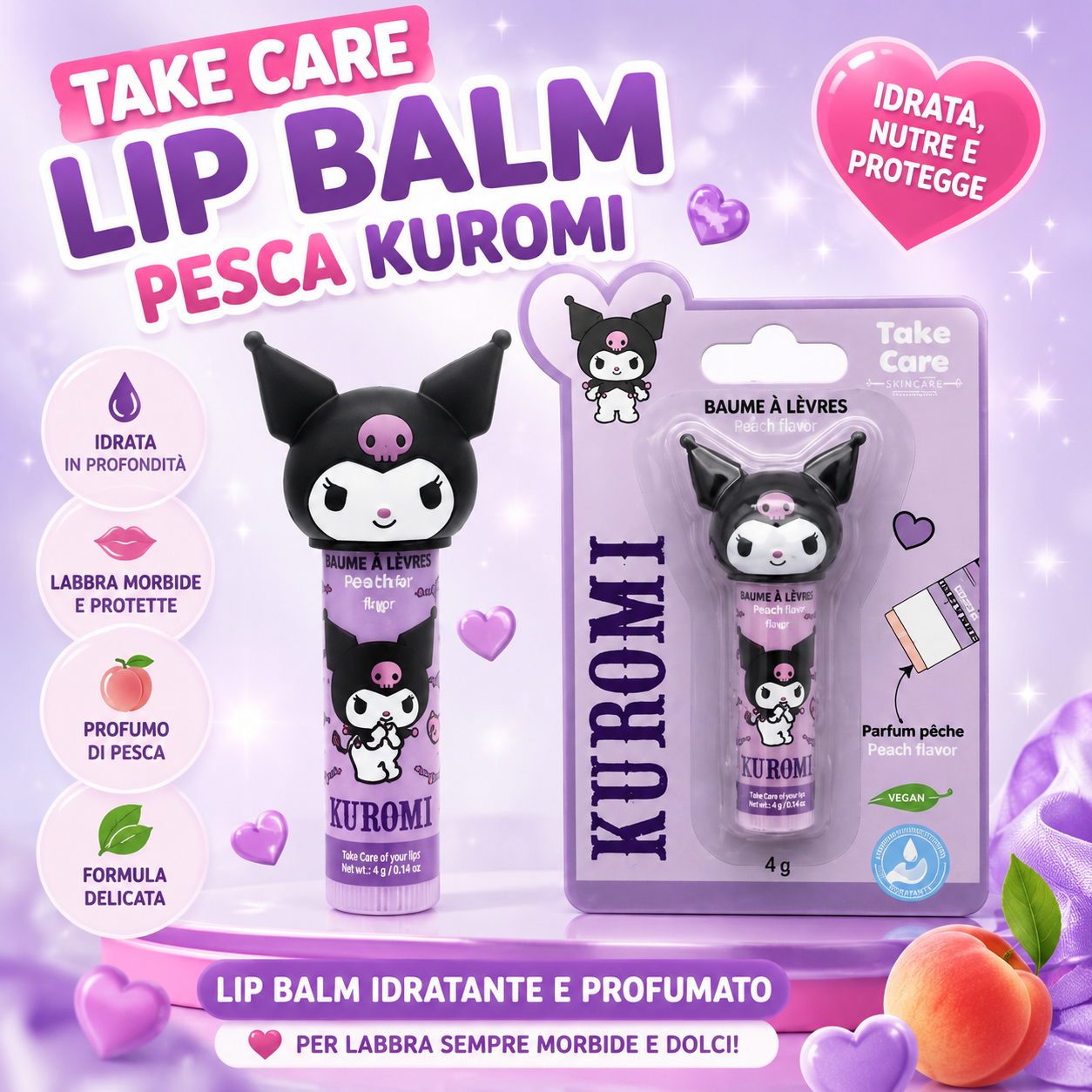 Kuromi Lip Balm Pesca 4 g Fragranza Pesca Idratante