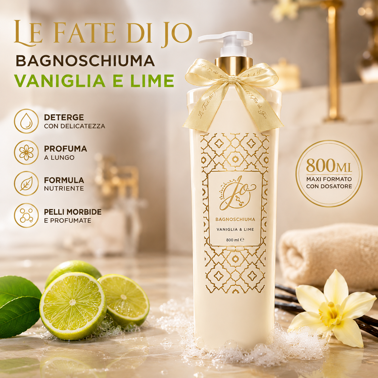 Bagnoschiuma Vaniglia e Lime 800ml con Dosatore – Le Fate di Jo