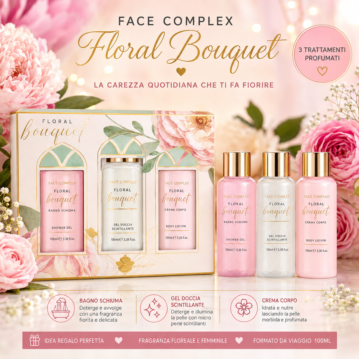 Face Complex Floral Bouquet Set Corpo Donna – Bagnoschiuma + Gel Doccia + Crema Corpo + Body Mist 100ml