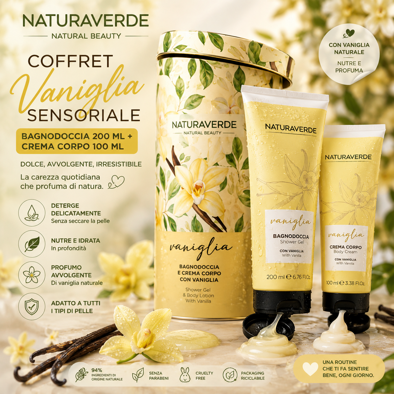 Naturaverde Coffret Vaniglia Sensoriale Bagnodoccia 300 ml + Crema Corpo 100 ml Idea Regalo