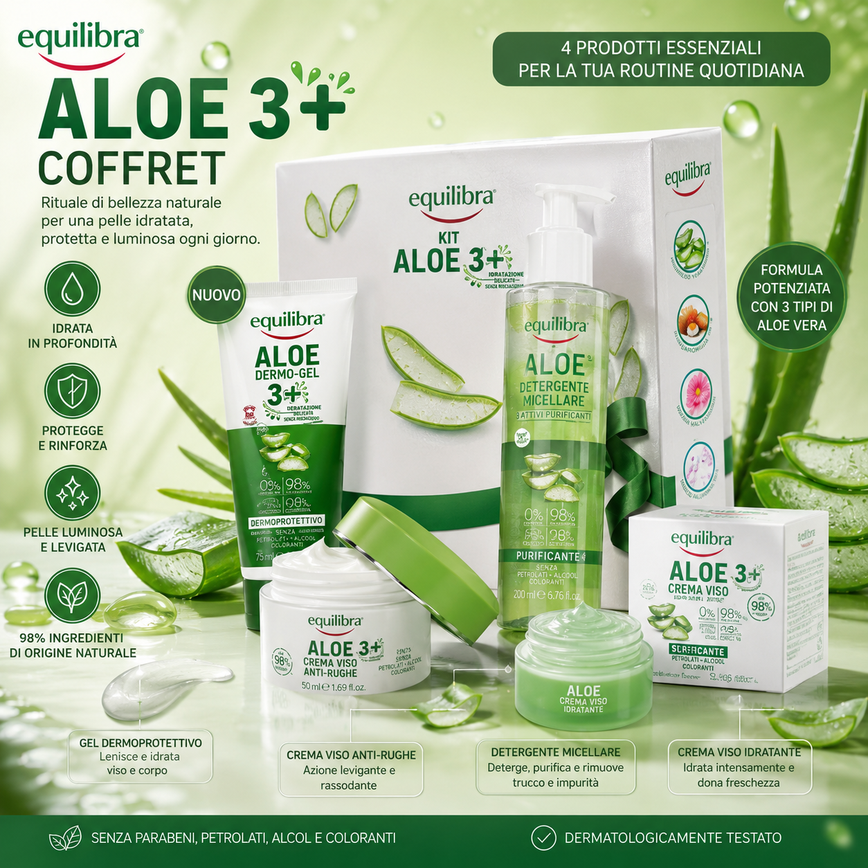 Aloe 3+ Cofanetto Skincare Aloe Vera Set Viso Corpo Idratante 4 Pezzi