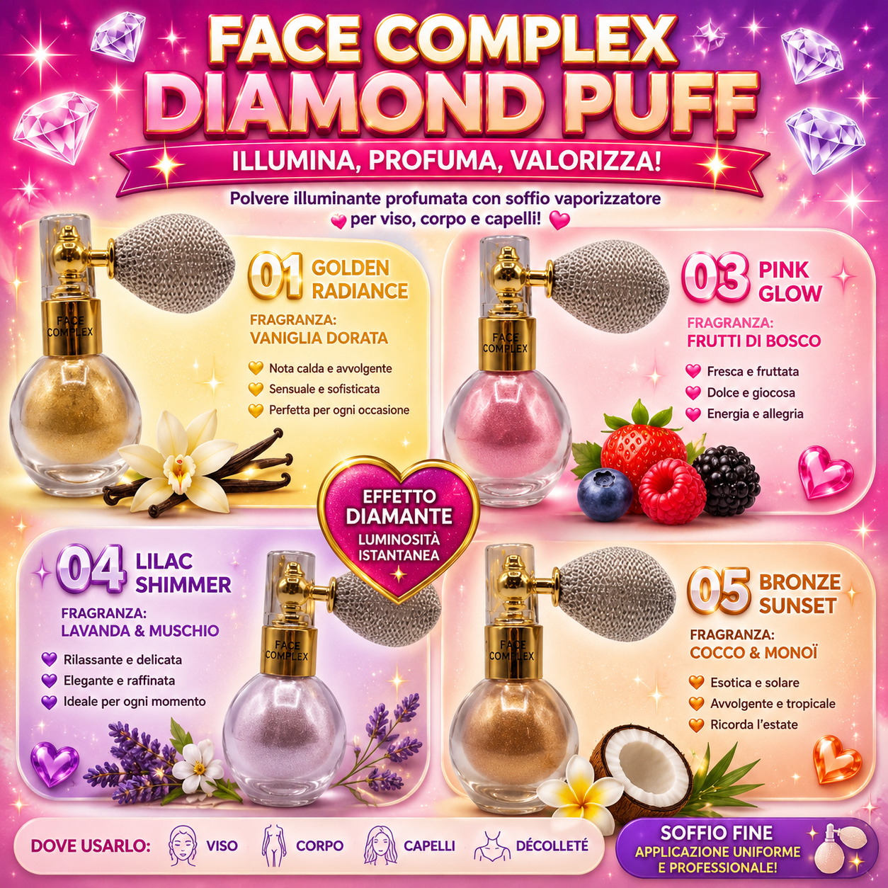 ✨ Face Complex Diamond Puff ✨
Polvere Illuminante Profumata per Viso, Corpo e Capelli 💎