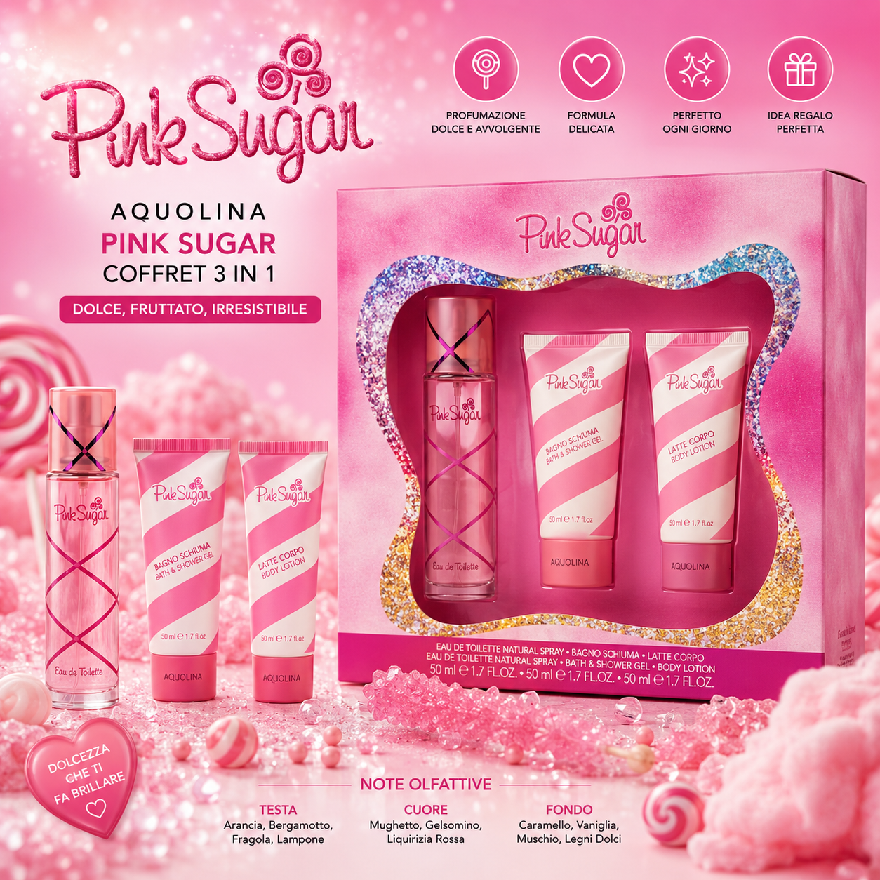 Pink Sugar Aquolina Coffret Regalo 3 in 1 Corpo e Doccia e profumo 50 ml
