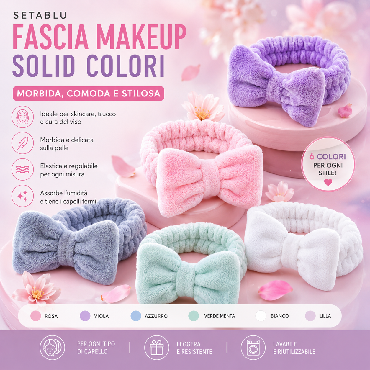Setablu Fascia Makeup Solid Colors Fascia Capelli Morbida per Skincare e Trucco 1 Pezzo
Colore casuale