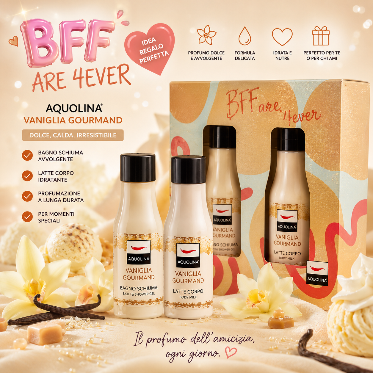 BFF Are 4 Ever Aquolina Set Vaniglia Gourmand Crema corpo e Shower gel 125 Ml