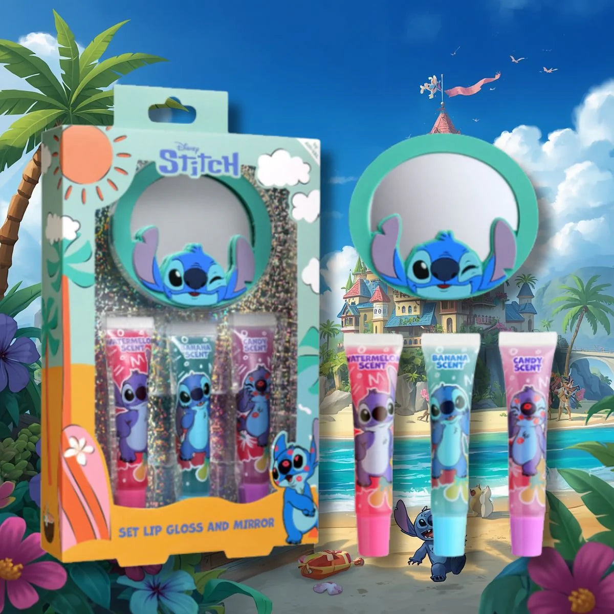 Set Disney Stitch: 3 Lip Gloss Profumati e Specchietto