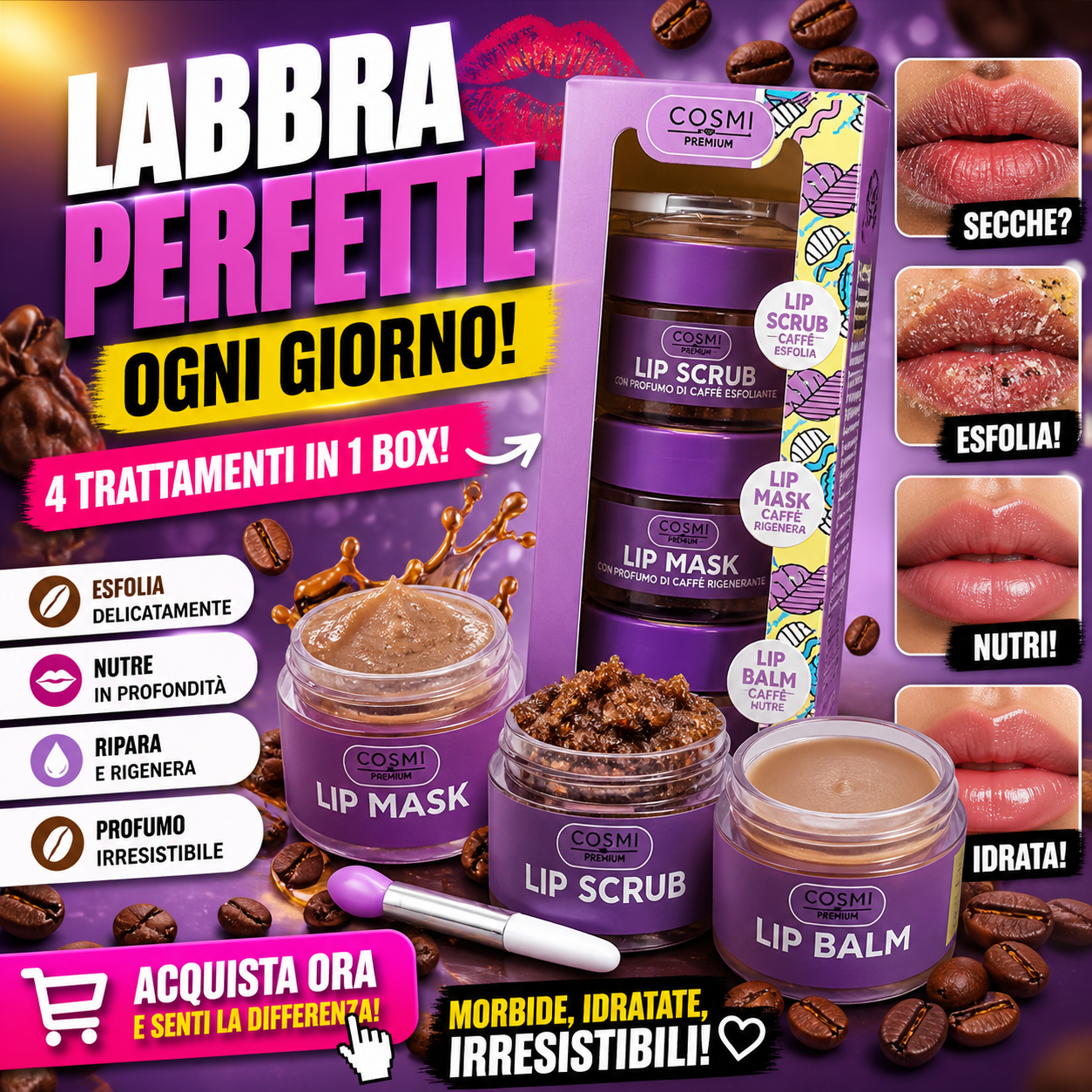 SET LIP CARE CAFFE’ COSMI – LIP SCRUB CAFFÈ+LIP MASK CARAMEL +LIP BALM LATTE