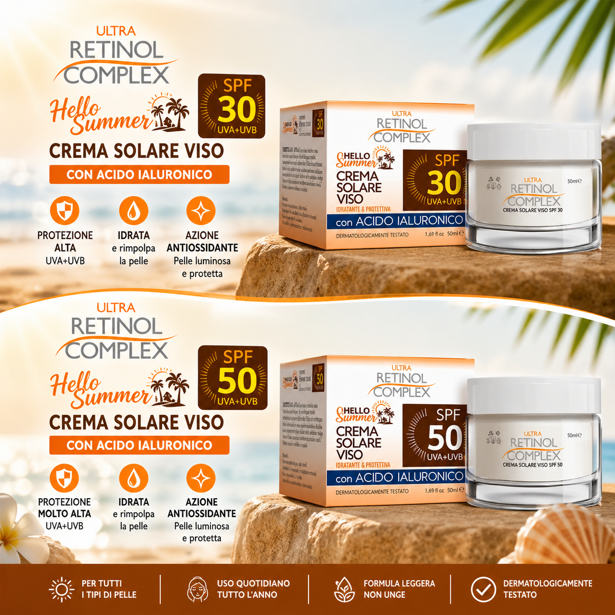 Retinol Complex Crema Solare Viso SPF 30/50 con Acido Ialuronico 50ml