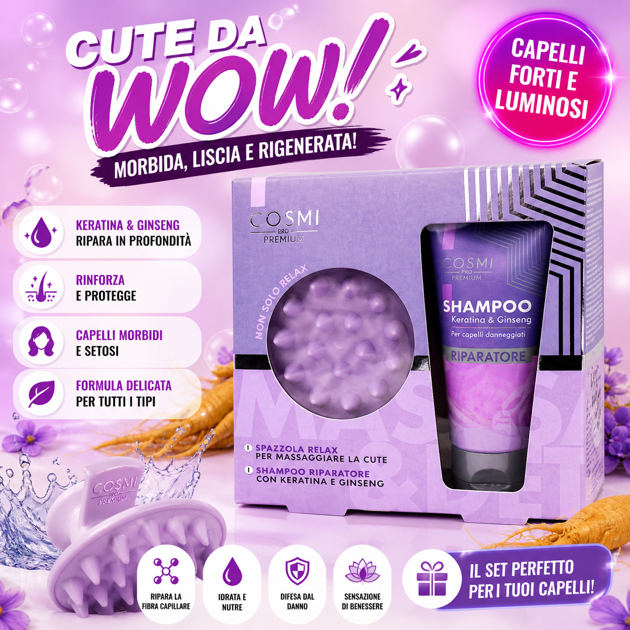 💜 KIT CAPELLI KERATINA & GINSENG

* Contiene: shampoo + spazzola massaggiante