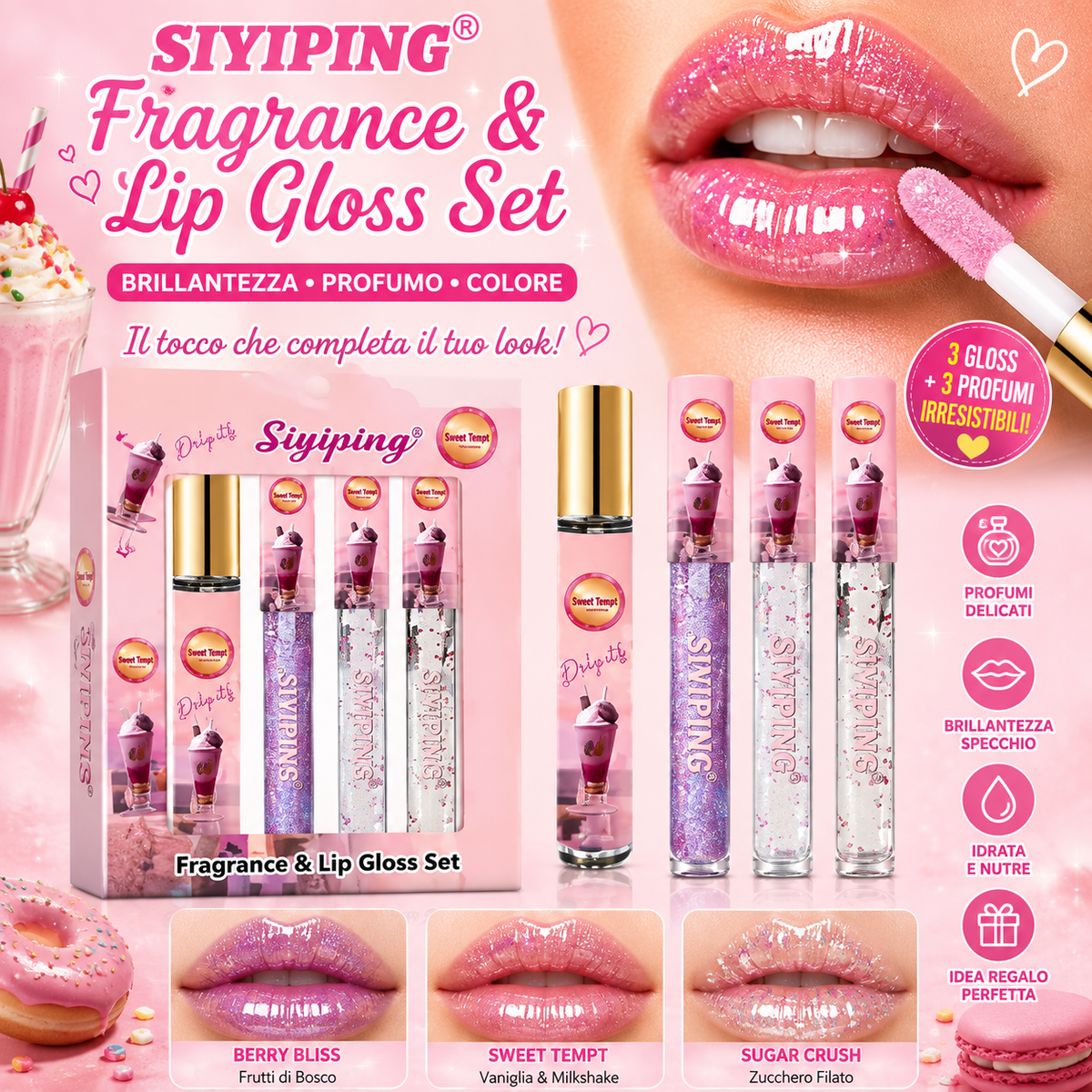 Siyiping Fragrance & Lip Gloss Set Yum Yum – Kit 4 Pezzi