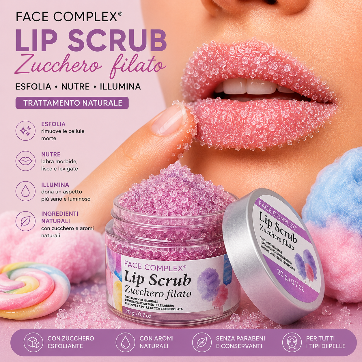 FACE COMPLEX Lip Scrub Zucchero Filato 20 ml Esfoliante Idratante per Labbra