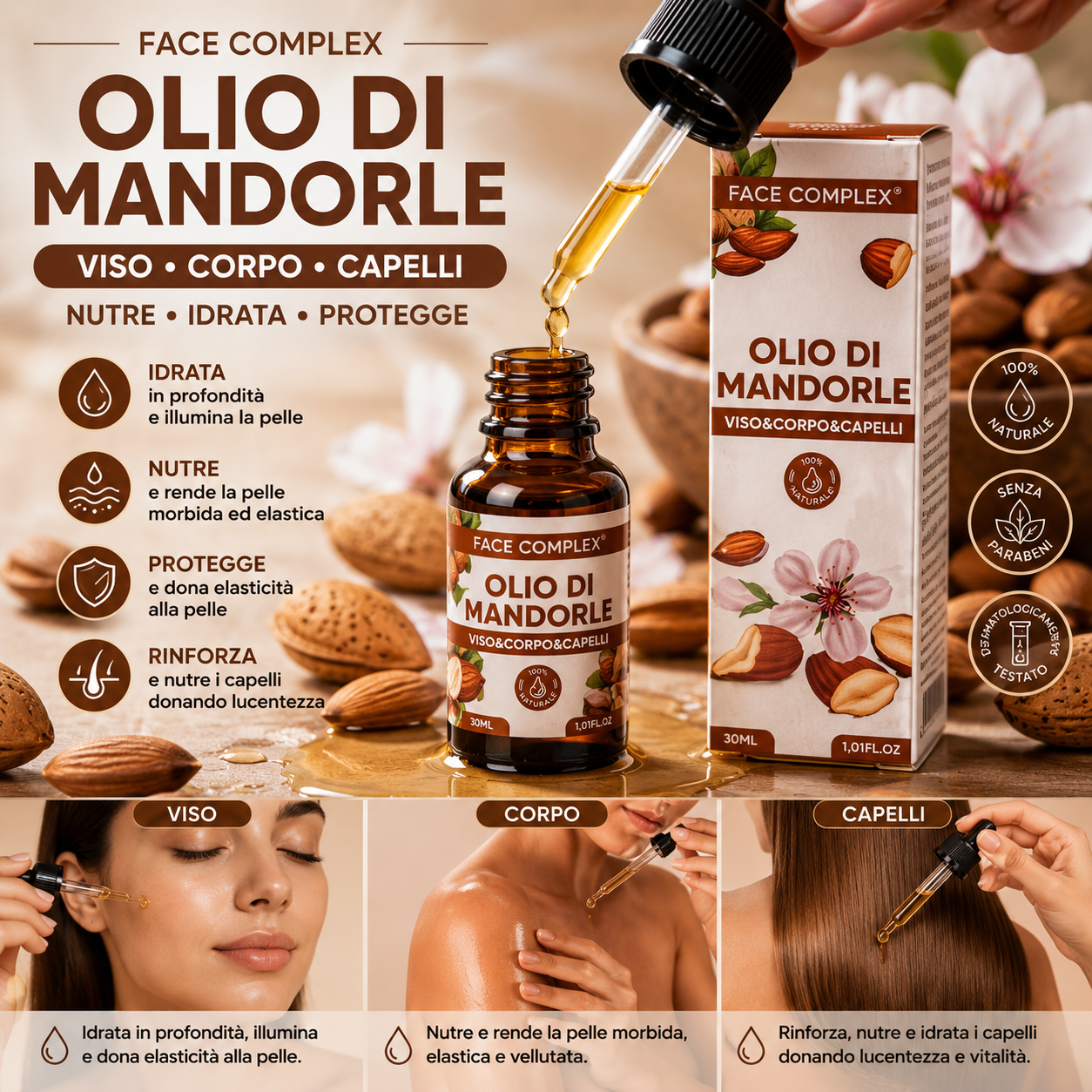 FACE COMPLEX Olio di Mandorla 30 ml Emolliente e Nutriente per Pelle e Capelli