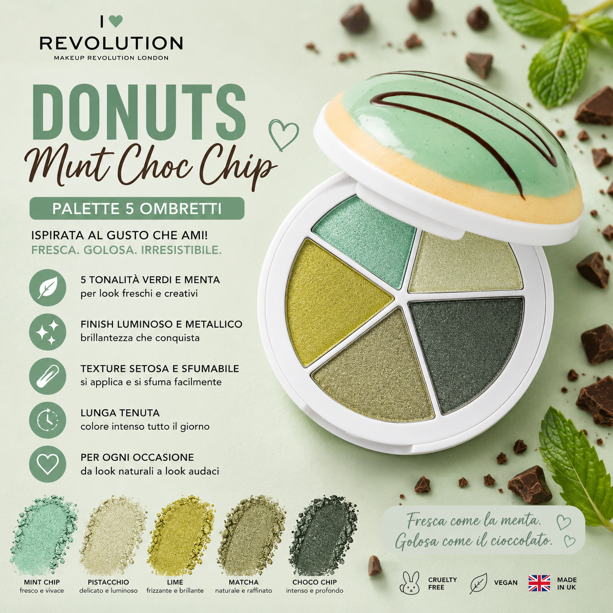 Palette Ombretti Revolution Donuts Mint Choc Chip – 5 Colori Verde Menta Luminosi