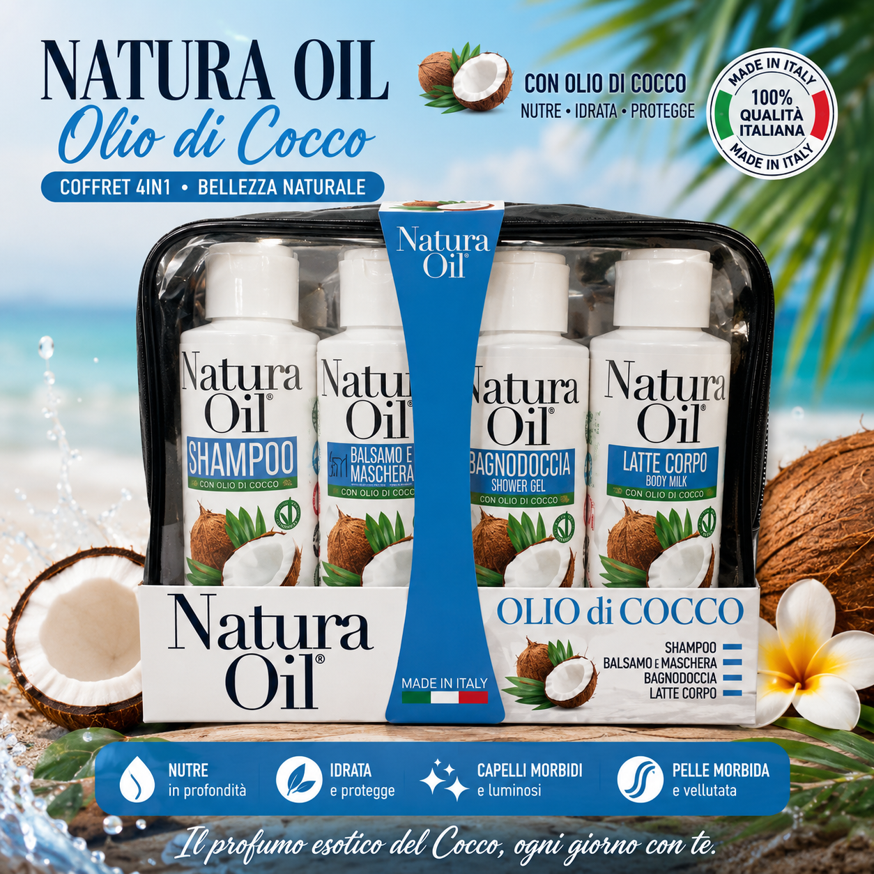 Natura Oil Olio di Cocco Kit Shampoo Balsamo Bagnoschiuma  e Crema corpo