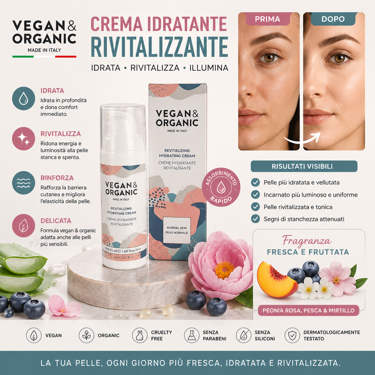 Vegan & Organic Crema Idratante Rivitalizzante 50ml – Crema Viso Idratante Illuminante
